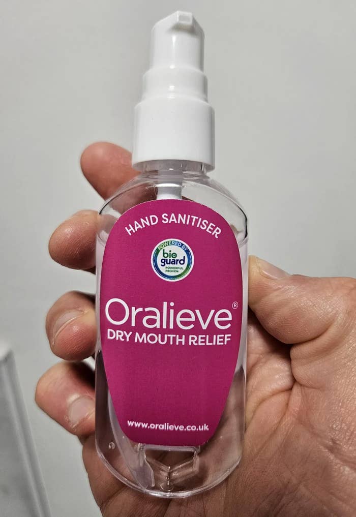 A mislabeled vessel shows "Hand Sanitiser" but displays "Oralieve Dry Mouth Relief" branding