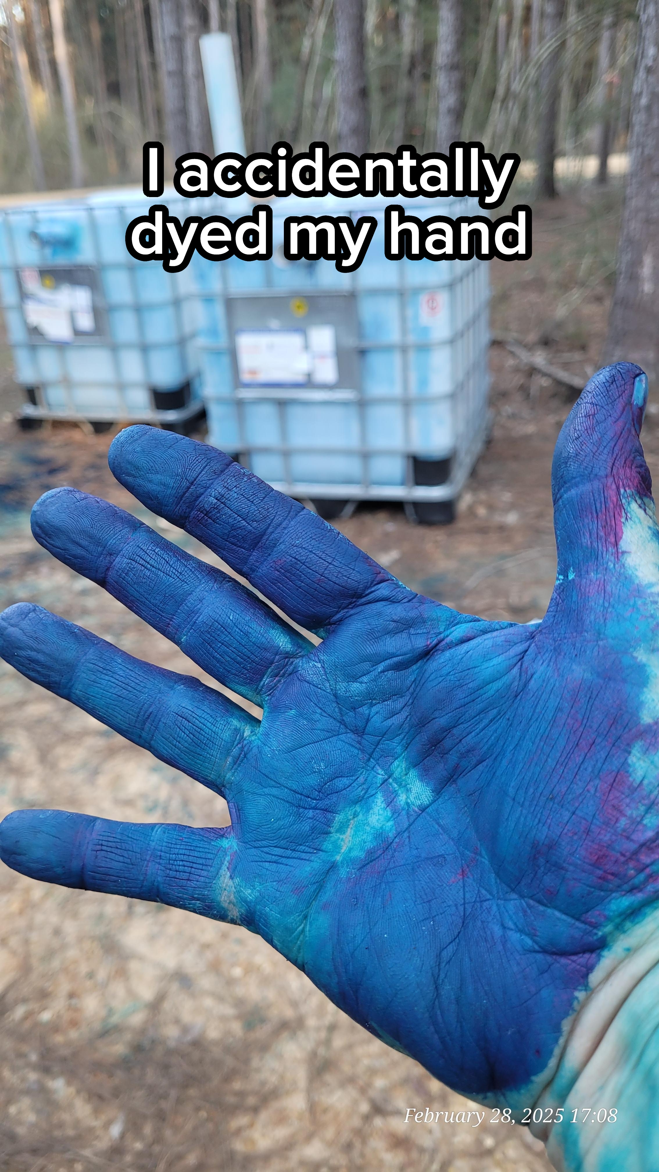 A hand covered in blue powder is held up in front of large containers in a wooded area