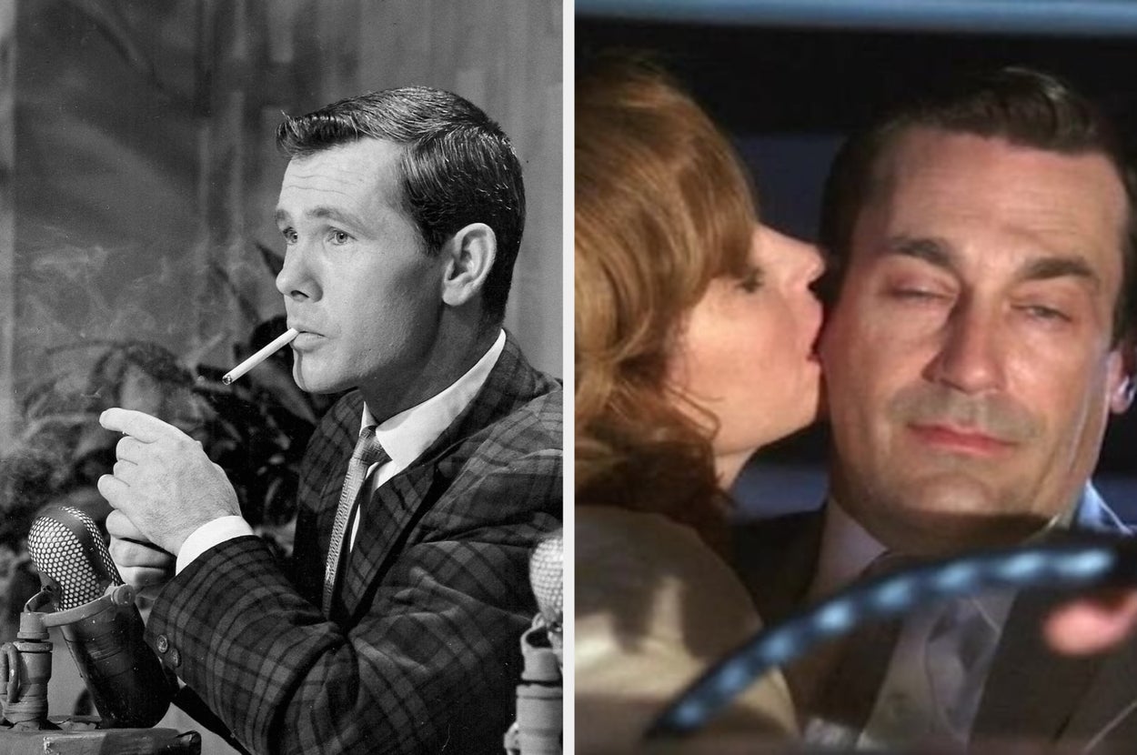 Split image: Left shows a man in a suit smoking in a vintage setting; right shows a man receiving a kiss as he drives a car at night