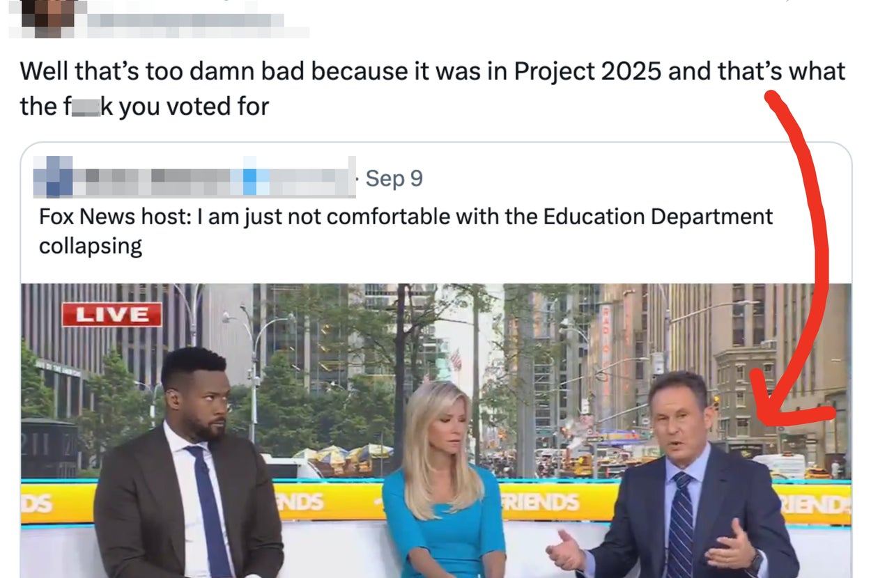 News screenshot: TV hosts discuss discomfort with Education Department issues on a morning show. Viewer comment criticizes Project 2025 vote