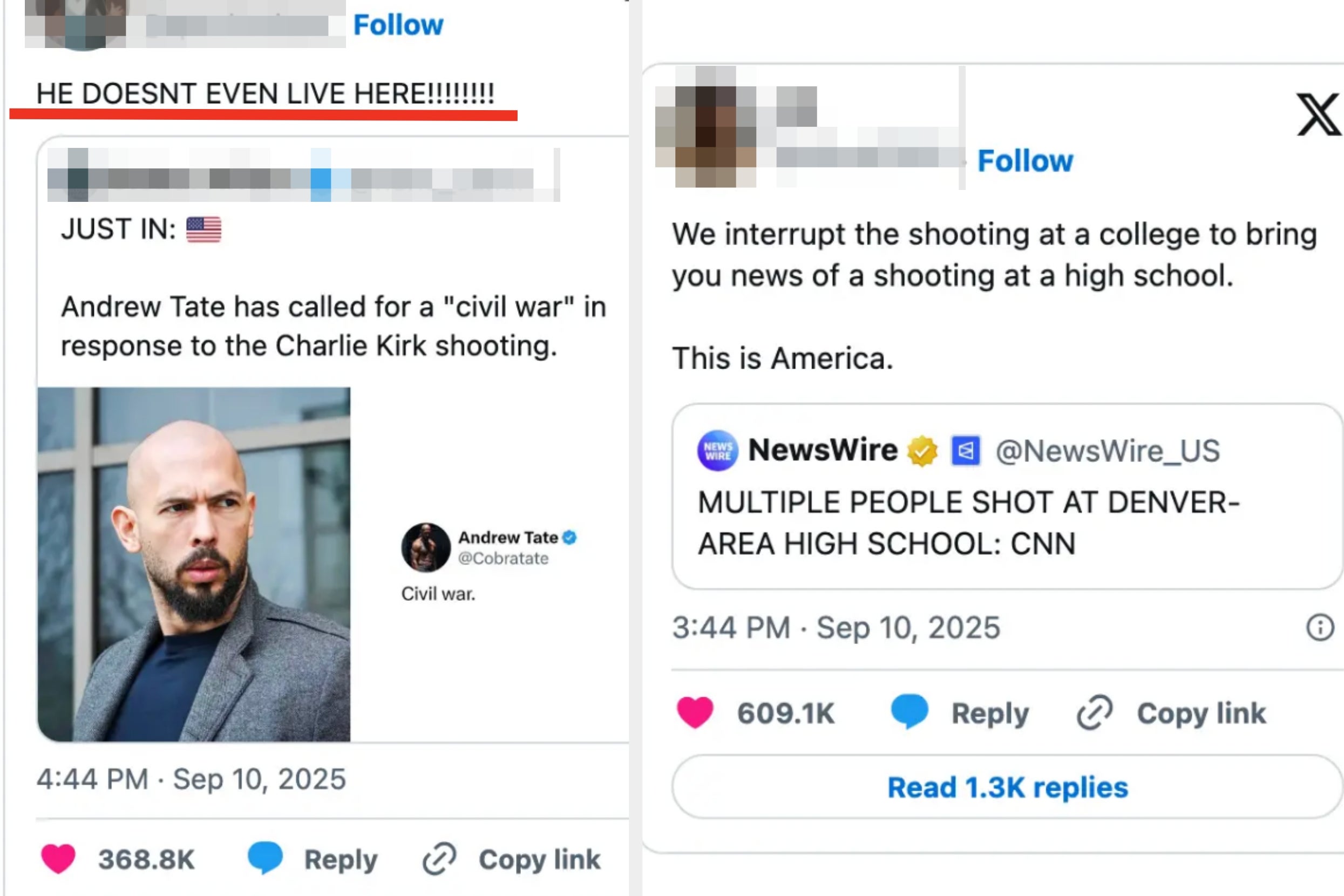 Image showing social media posts: One references Andrew Tate calling for a "civil war" after a shooting. Another reports a high school shooting with a tweet from CNN