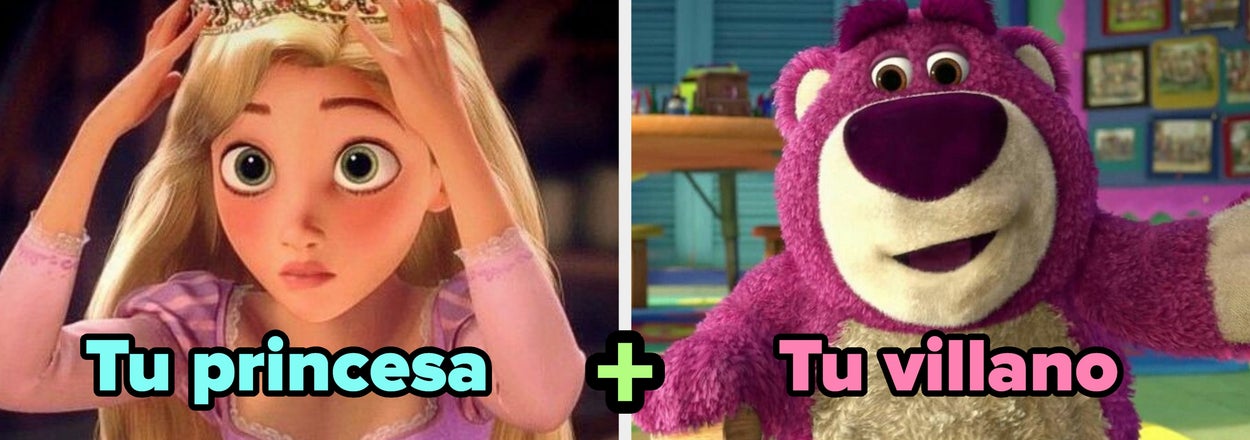 Personaje animado princesa usando una corona y oso villano de peluche con texto "Tu princesa + Tu villano"