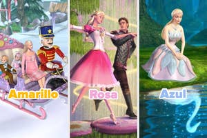 Animated characters themed as a ballerina, a toy soldier, and an ice princess are depicted in three distinct scenes