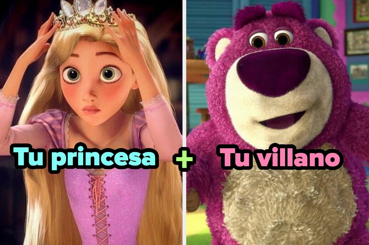 Personaje animado princesa usando una corona y oso villano de peluche con texto "Tu princesa + Tu villano"