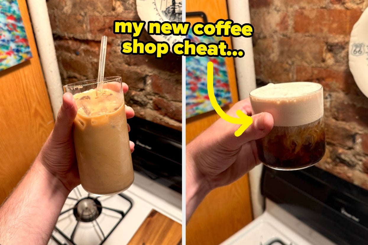Two images of iced coffee: a tall glass with a straw on the left and a short glass with foam on top on the right