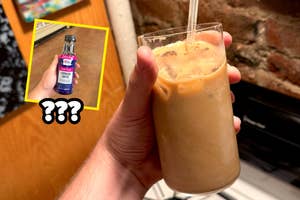 A hand holds a glass of iced coffee near a brick wall. Inset shows a small bottle of espresso shots labeled "Espresso Monster" with question marks