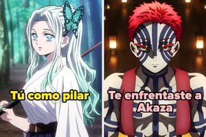 A la izquierda, personaje anime con cabello largo y mariposa. A la derecha, personaje con tatuajes y cabello rojo. Texto: "Tú como pilar", "Te enfrentaste a Akaza"