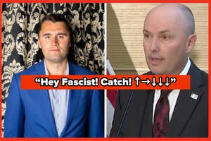Man in suit beside a blurred image of someone in casual attire with text overlay: "Hey Fascist! Catch! ↑→↓↓." Arrow pointing from text to person