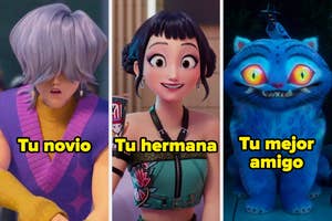 Tu novio: Persona con cabello largo. Tu hermana: Personaje animado sonriendo. Tu mejor amigo: Gato animado con una gran sonrisa