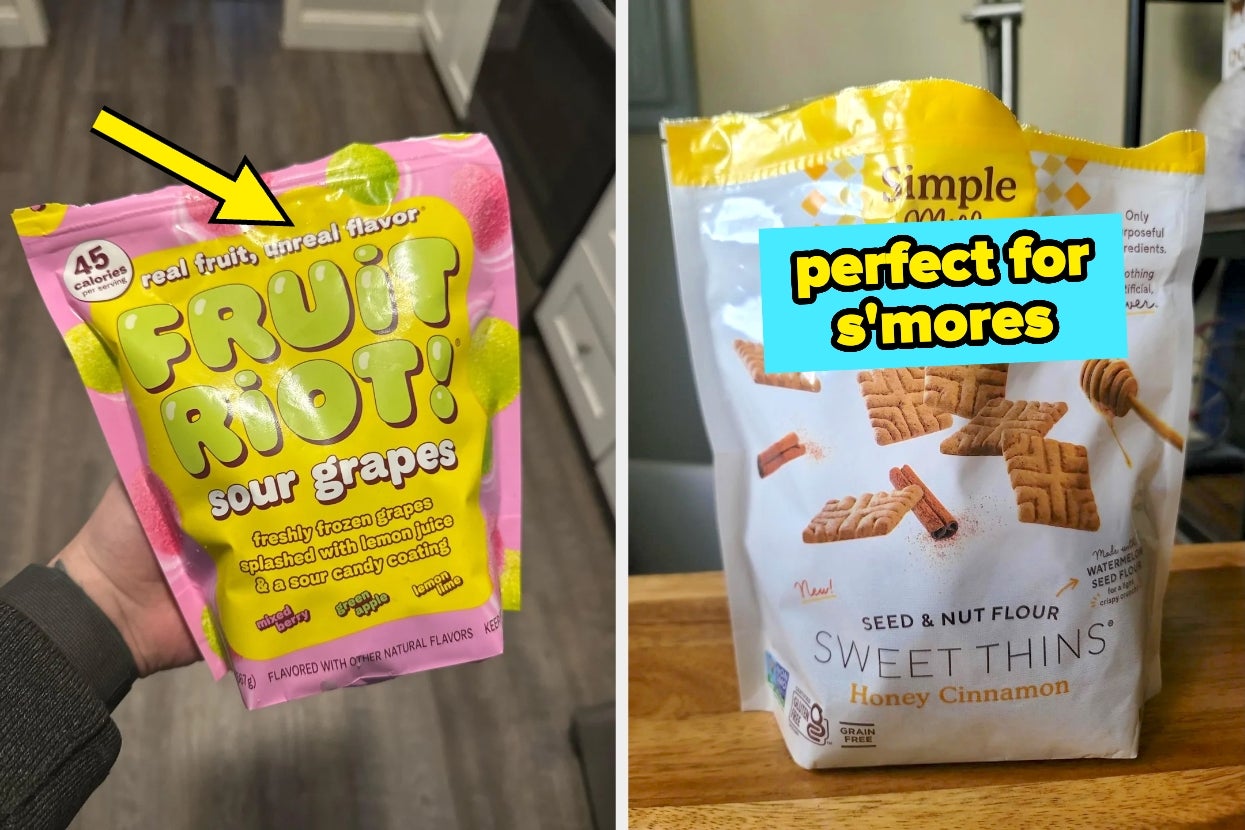 Two snack packages: "Fruit Riot! Sour Grapes," candies with real fruit flavor; "Simple Truth Sweet Thins Honey Cinnamon," suitable for s’mores