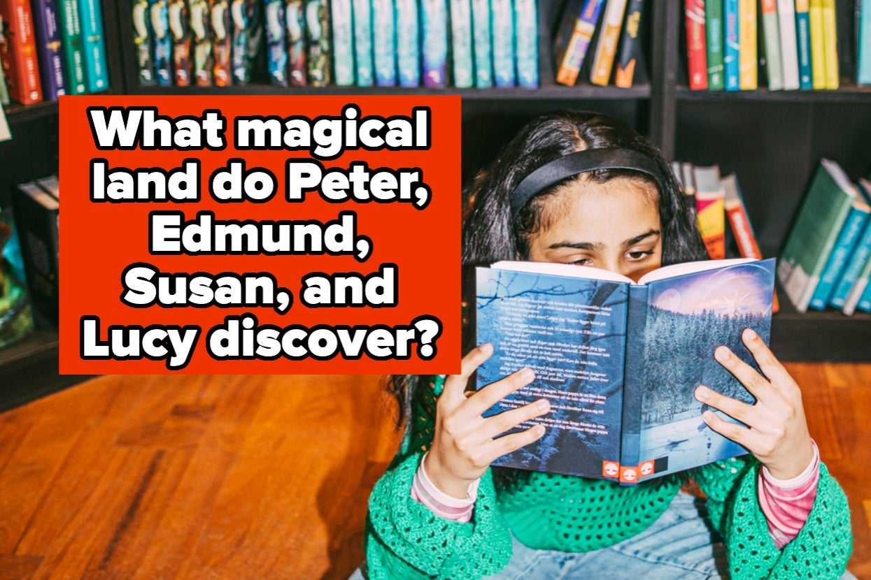 A girl reads a book in front of a bookshelf. Text asks, "What magical land do Peter, Edmund, Susan, and Lucy discover?"