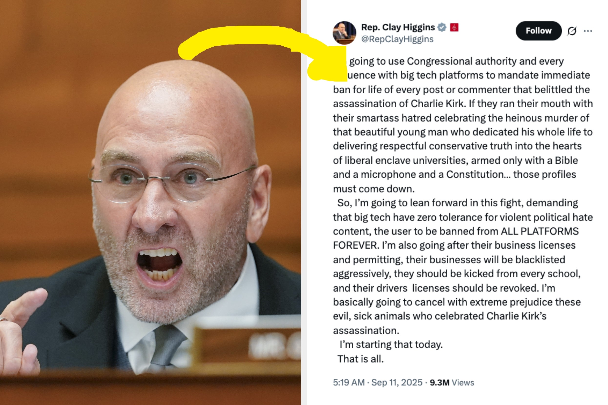 A person in a formal setting gestures emphatically, next to a tweet calling for harsh action against those who criticized Charlie Kirk
