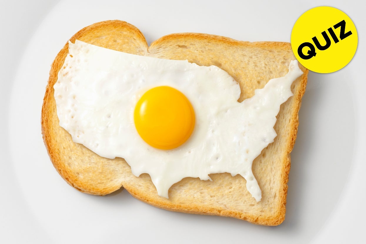 Slice of toast with fried egg shaped like the continental U.S., topped with a round yolk. Yellow circle with "QUIZ" text in the corner