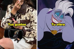 Persona con chaqueta de estampado vaca sosteniendo un objeto. Junto, personaje de cabello blanco sonriendo. Texto: "Tus gustos" y "Tu vibra"