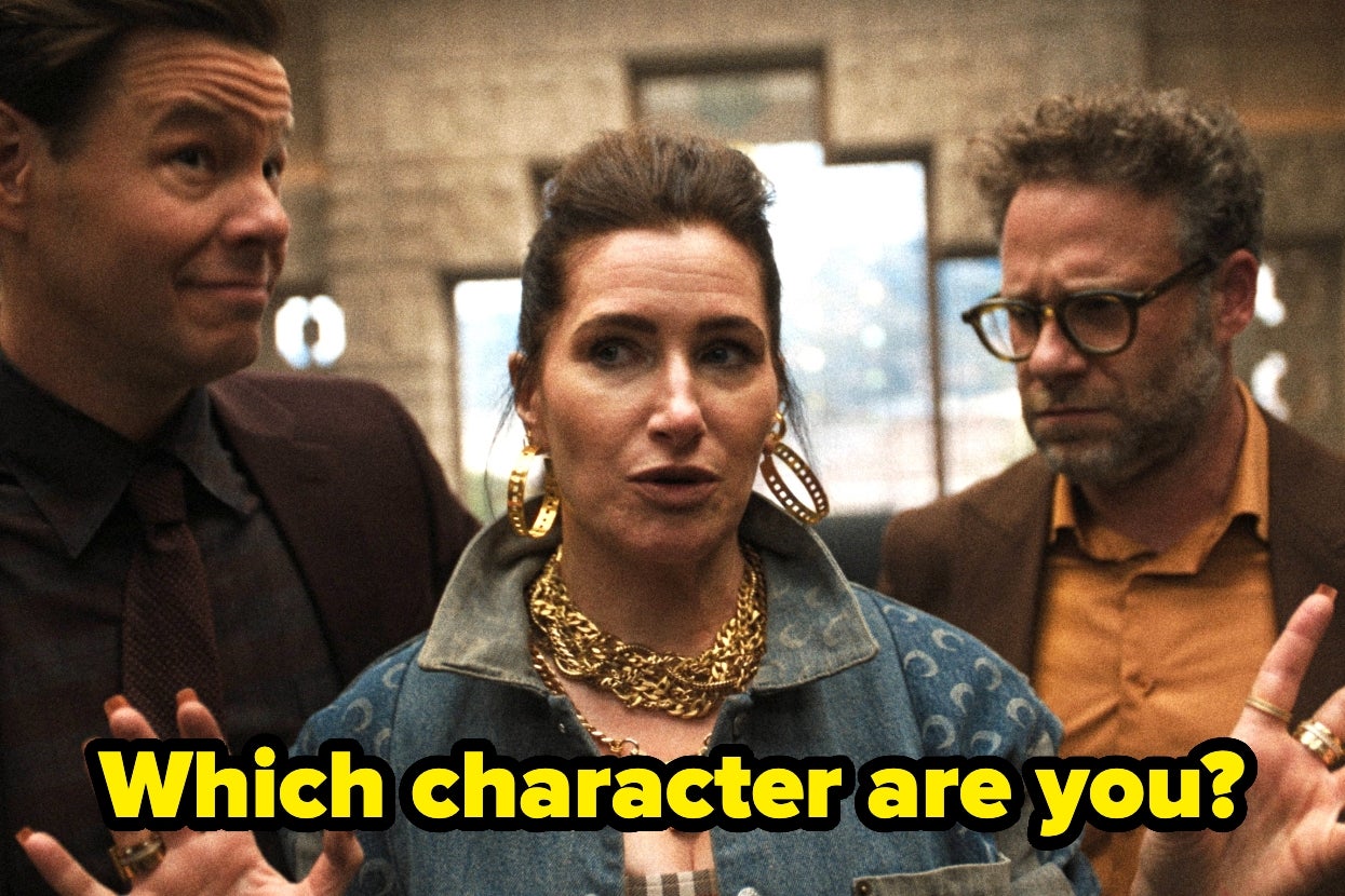 Three people in conversation, all wearing casual attire. Text overlay: "Which character are you?"