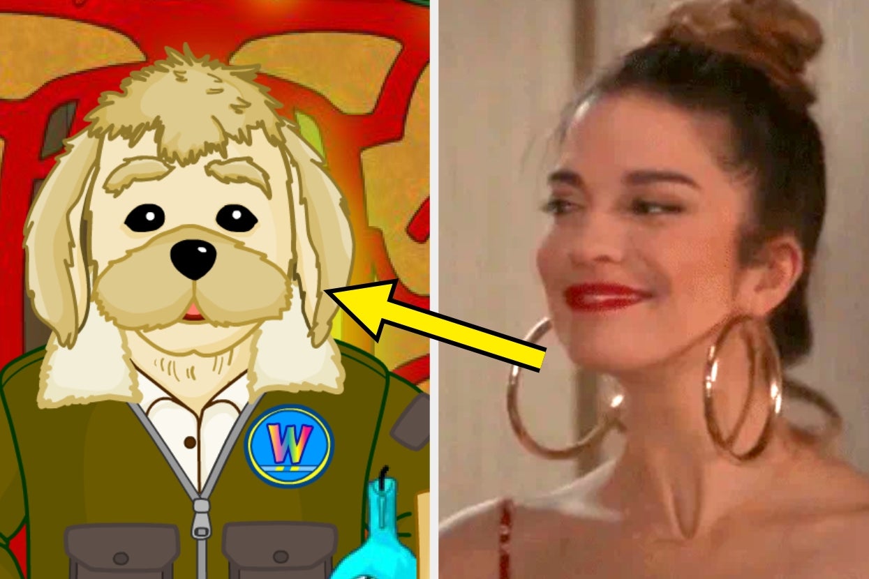 Cartoon dog in aviator jacket and animated woman with hoop earrings and updo hairstyle, smiling. Yellow arrow between them