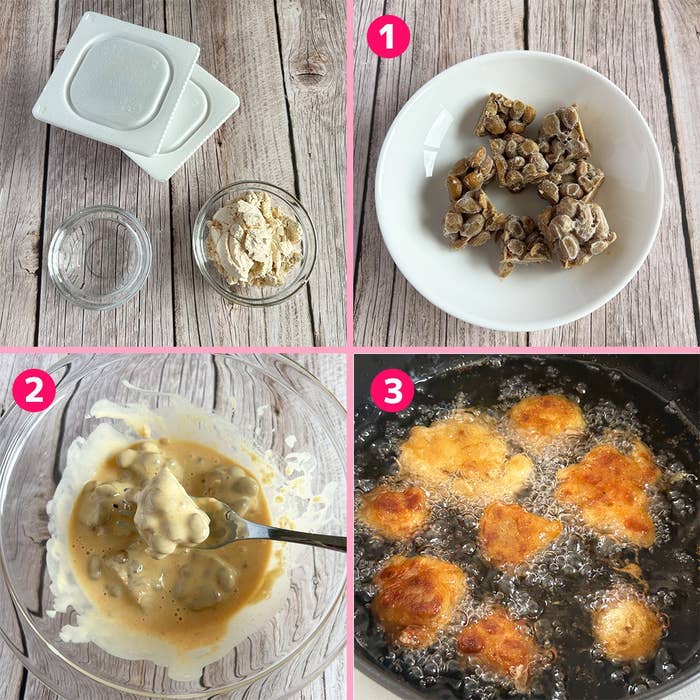 納豆の唐揚げを作る手順:1. 納豆を用意。2. バッターでコーティング。3. 油で揚げる。