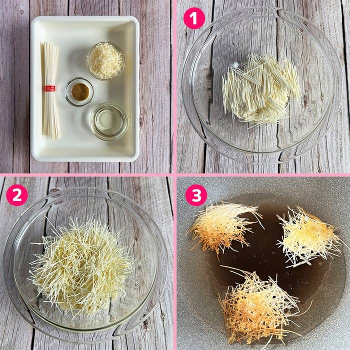 そうめんを細かく切り、油で揚げる手順。調理のステップが3つの写真に分かれています。