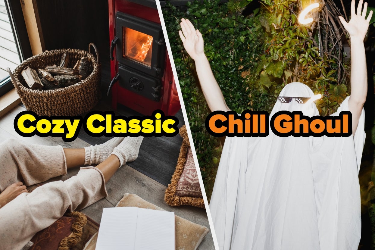 Left: Person relaxing by a wood stove with a book. Right: Person dressed as a ghost with outstretched arms at night. Text: "Cozy Classic," "Chill Ghoul."