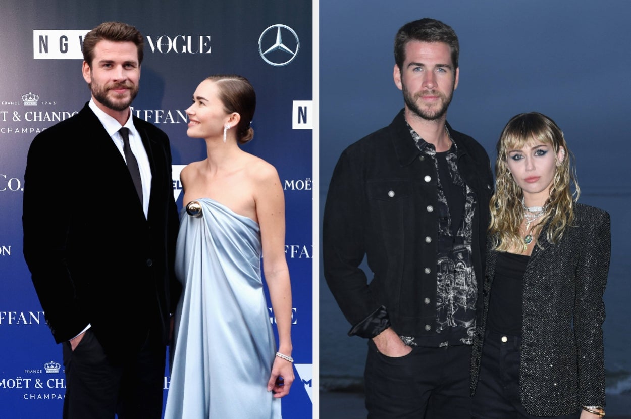 Gabriella Brooks looks up and smiles at Liam Hemsworth on the red carpet vs Liam Hemsworth in a jacket, printed top and pants while standing next to Miley Cyrus