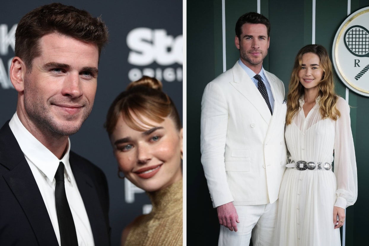 Liam Hemsworth in a classic suit and Gabriella Brooks in a sleeveless dress vs Liam Hemsworth in a suit and Gabriella Brooks in a sheer dress with a belt
