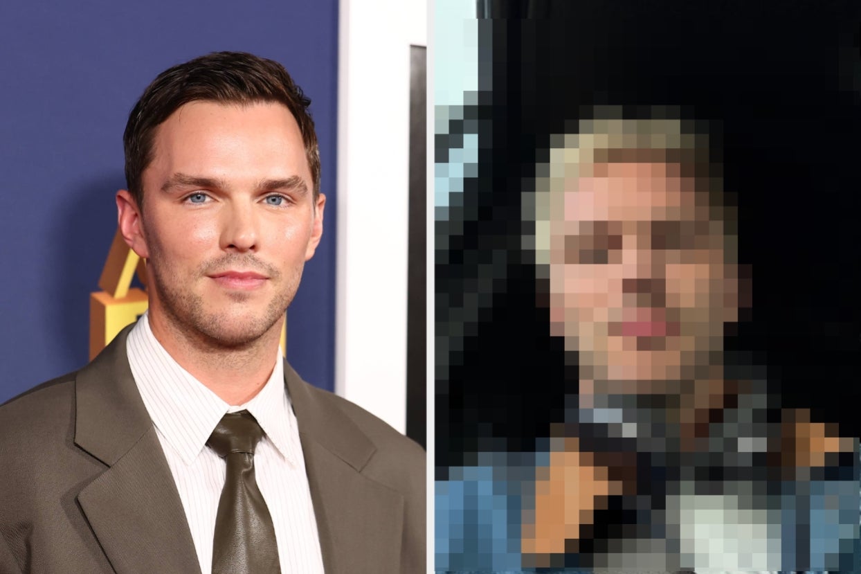 Nicholas Hoult in a suit with a tie is on the red carpet vs Nicholas Hoult with headphones around his neck in a car