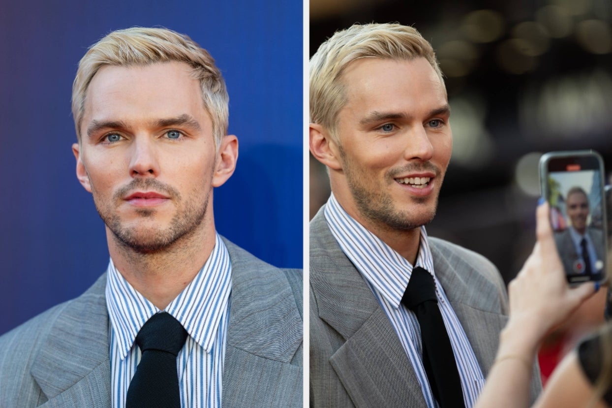 Nicholas Hoult in a striped shirt and suit, posing on the red carpet vs Nicholas Hoult smiling for a phone camera