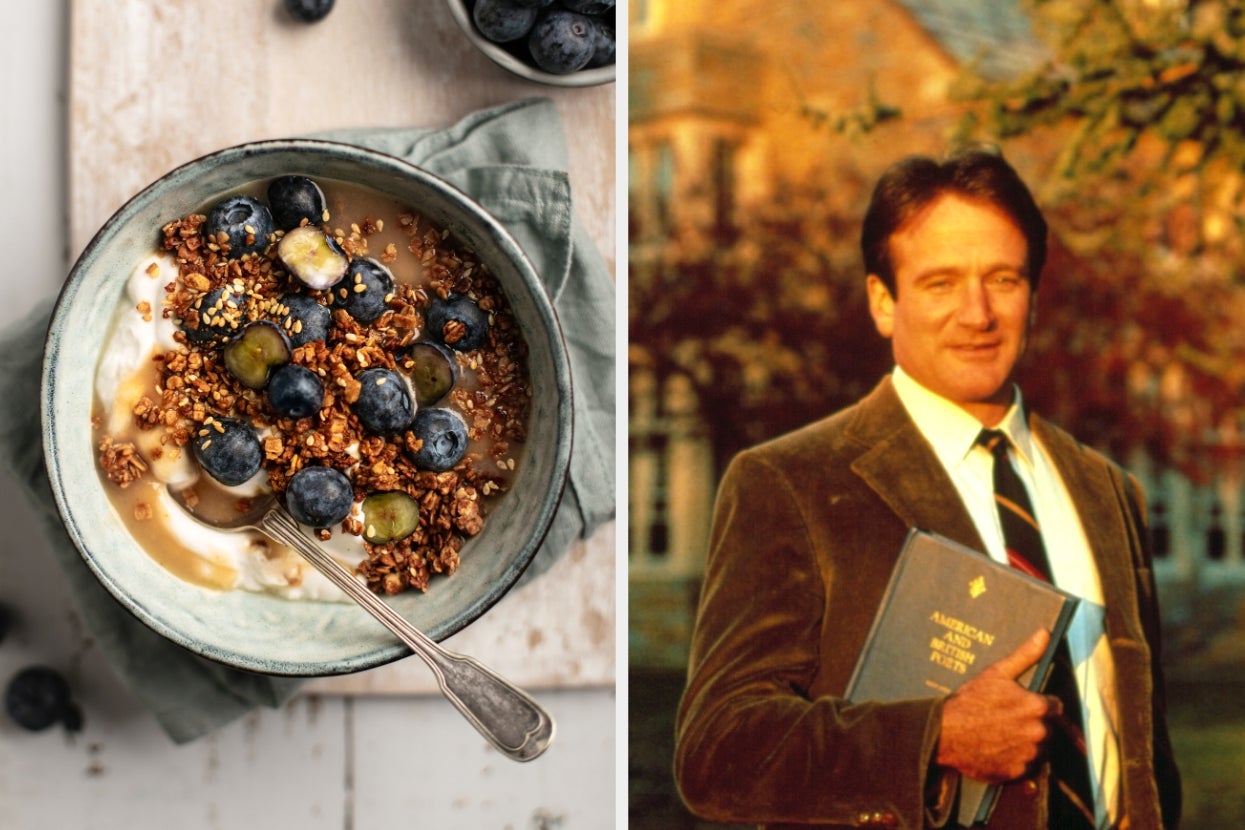 A bowl of yogurt with granola and blueberries next to Robin Williams in a suit holding a book outdoors in "Dead Poets Society"