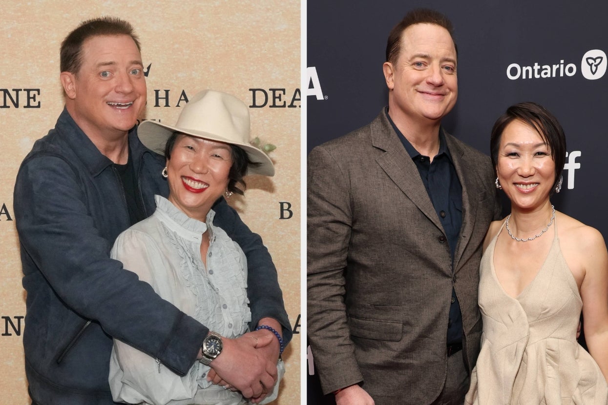 Two people smiling, side by side. The left image shows casual attire, the right shows formal wear