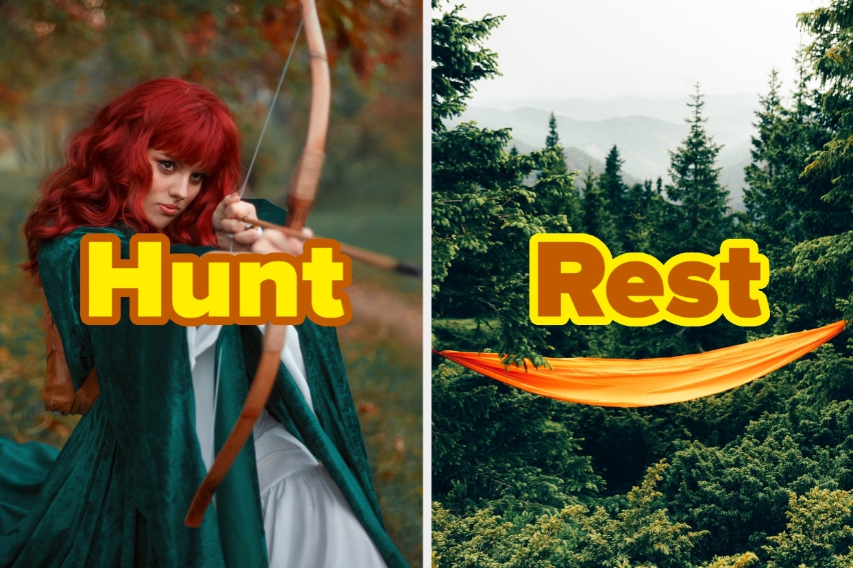Left: Person aiming a bow in forest. Right: Orange hammock between trees, suggesting relaxation. Text: "Hunt" on left, "Rest" on right