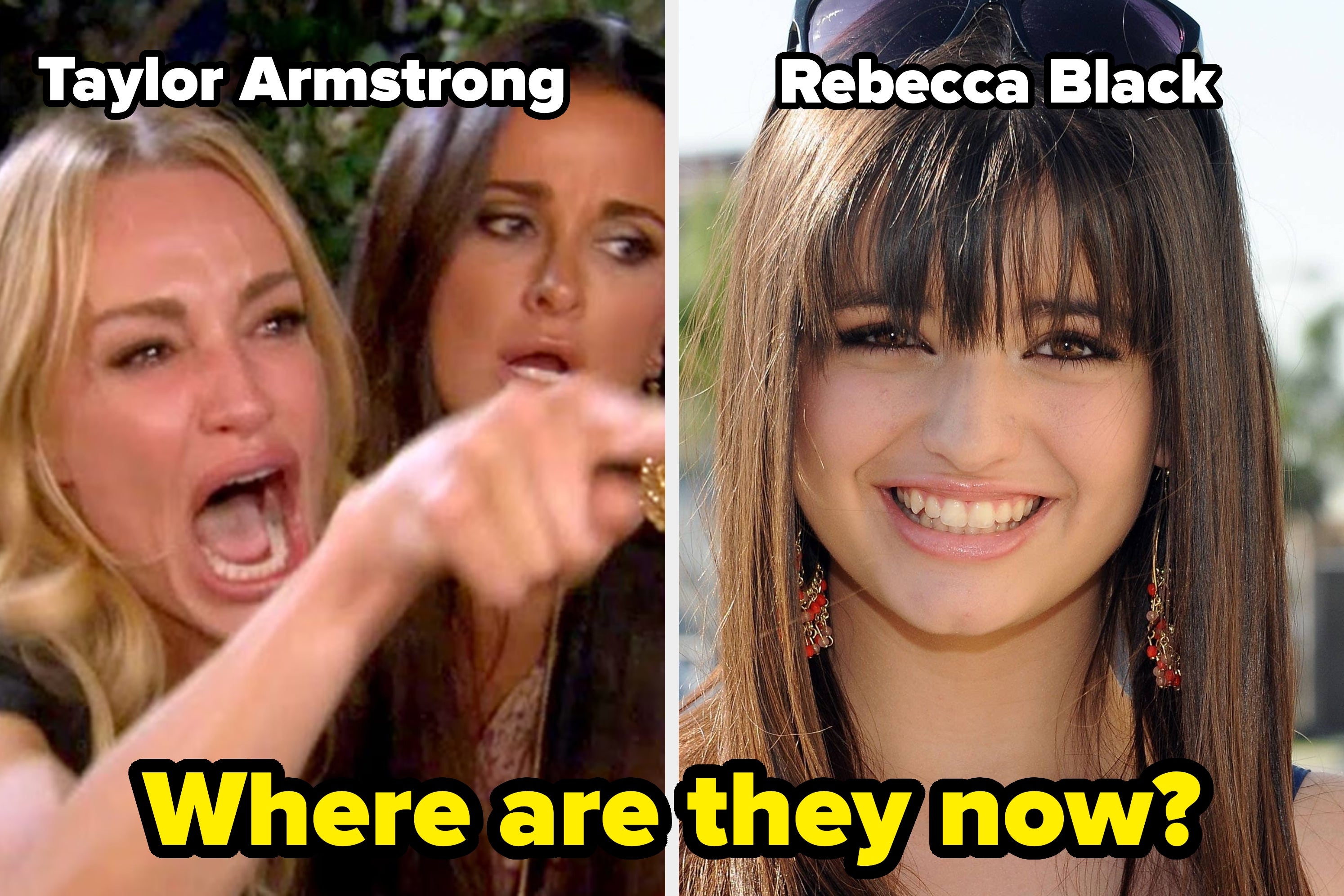 Split image: Left shows two women, one pointing emotionally; right shows a woman smiling. Text asks, "Where are they now?"