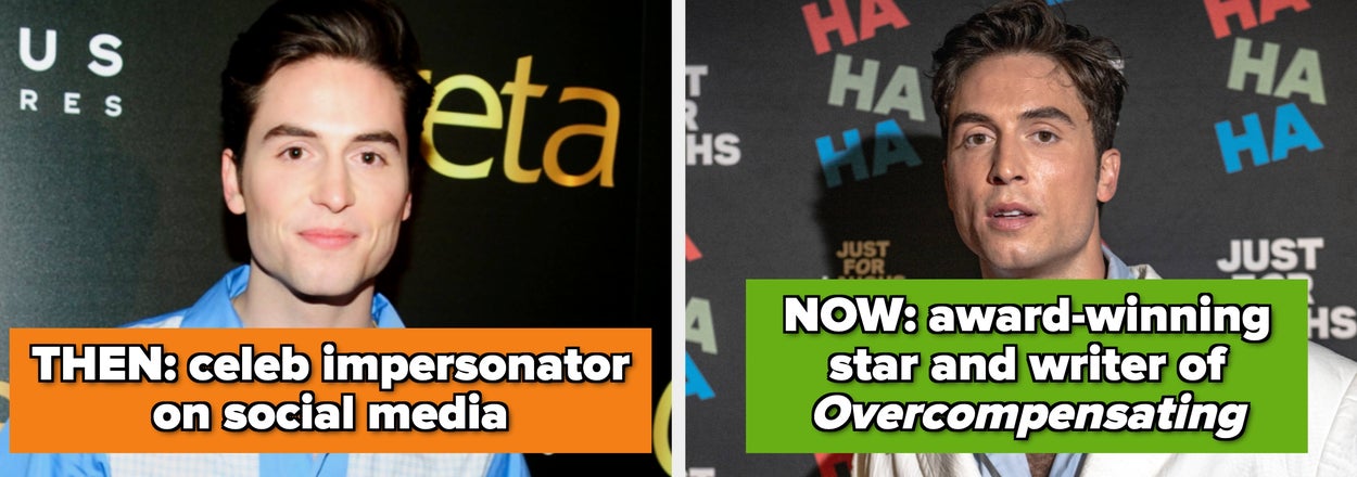 Split image of a person: left shows a past social media impersonator; right shows them as a successful actor and writer of "Overcompensating."
