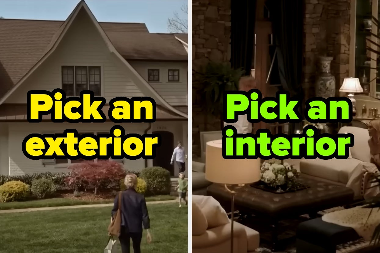 Split image: left side shows a traditional house exterior with people; right side shows a cozy living room with elegant decor. Text: "Pick an exterior, Pick an interior."