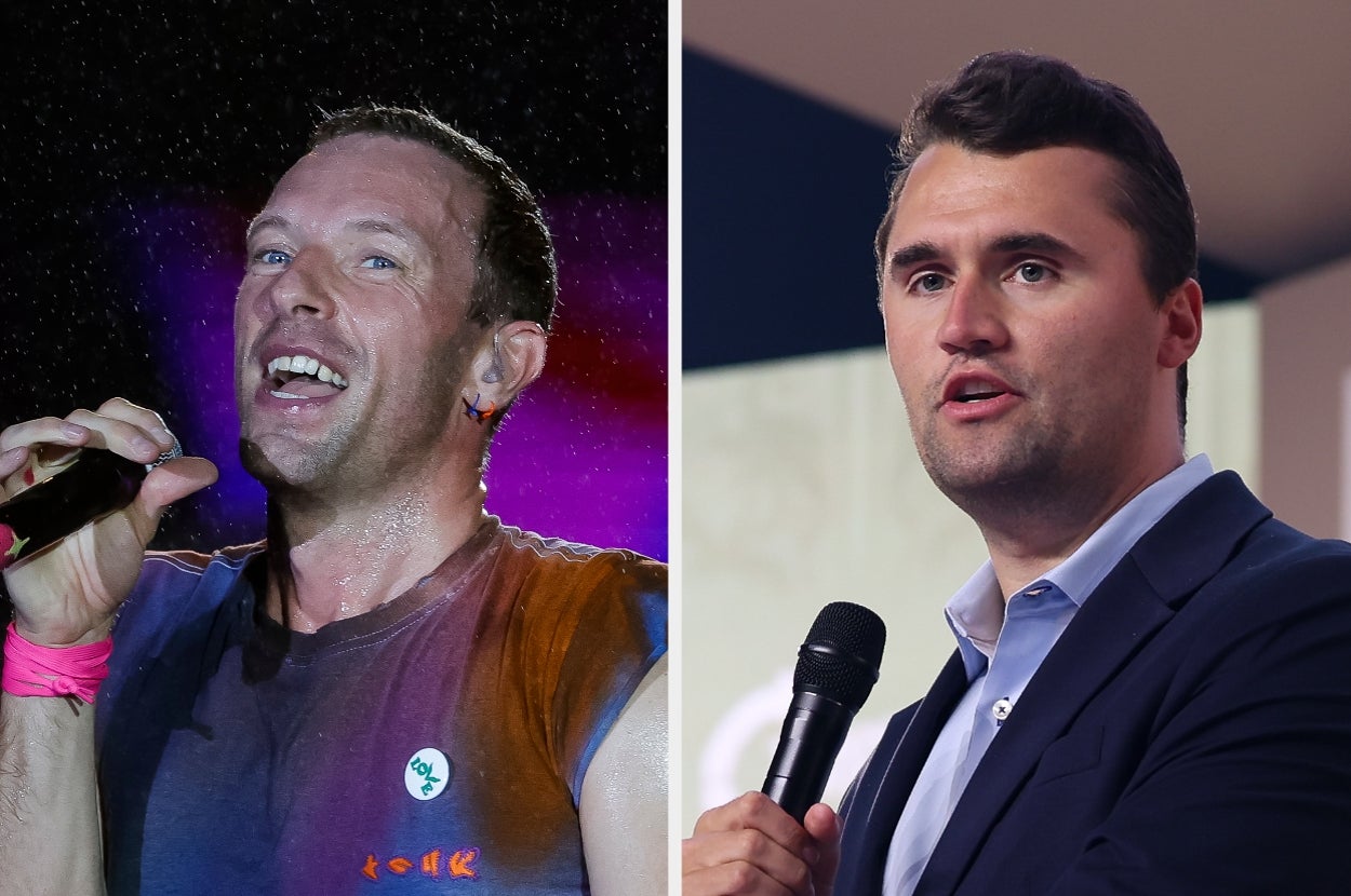 Split image: One person sings passionately on stage, wearing casual clothing and wristbands. Another person speaks into a microphone in a suit