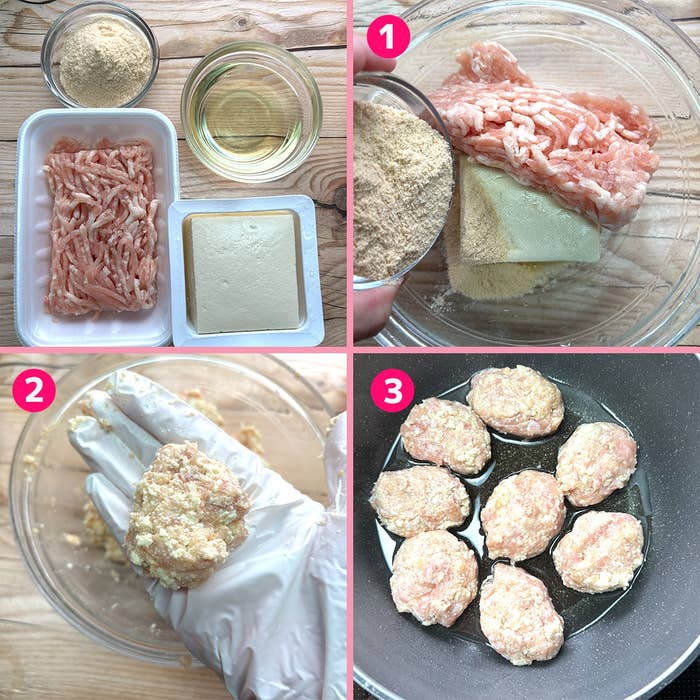 豆腐と鶏ひき肉のナゲットの作り方。材料を混ぜ合わせ、丸めてフライパンで焼いている様子。
