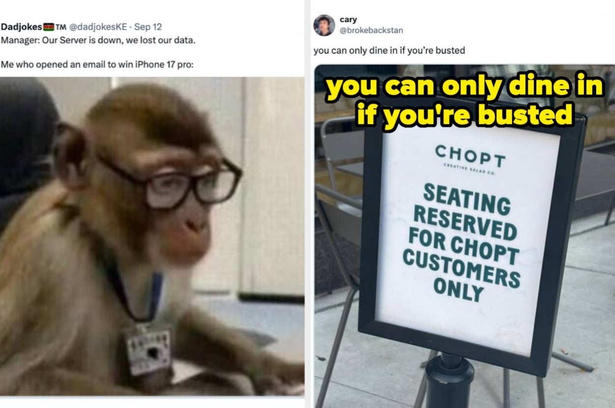 Meme with a monkey wearing glasses vs sign that says "Seating reserved for Chopt customers only," with humorous text above