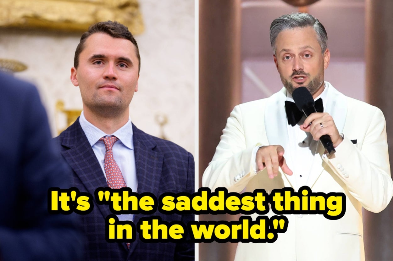Charlie Kirk in a suit vs Nate Bargatze speaks into a microphone onstage, wearing a suit