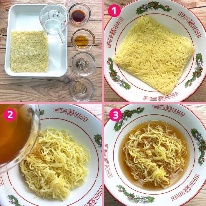 調理手順:1. 麺を器に入れる。2. スープを注ぐ。3. 完成したラーメン。
