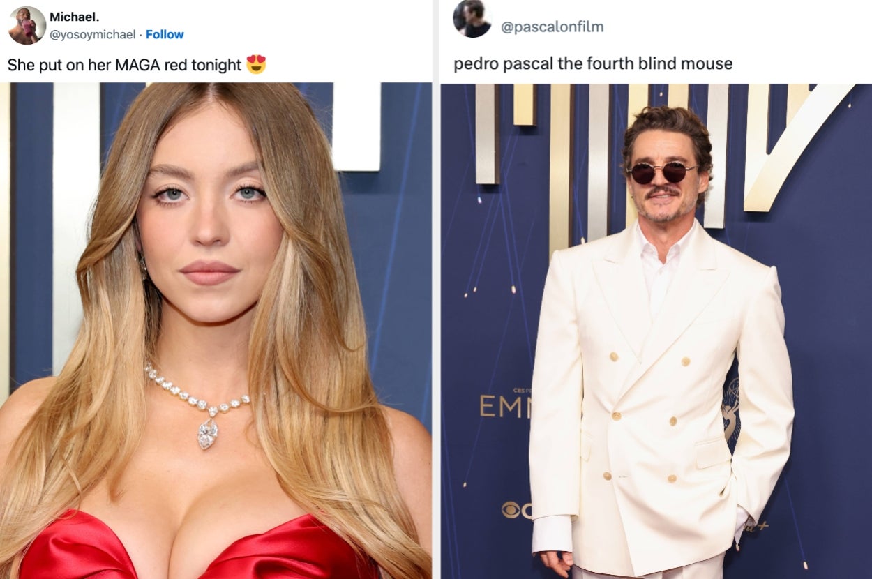 Sydney Sweeny in a plunging dress with a pearl necklace vs Pedro Pascal in a double-breasted suit with sunglasses
