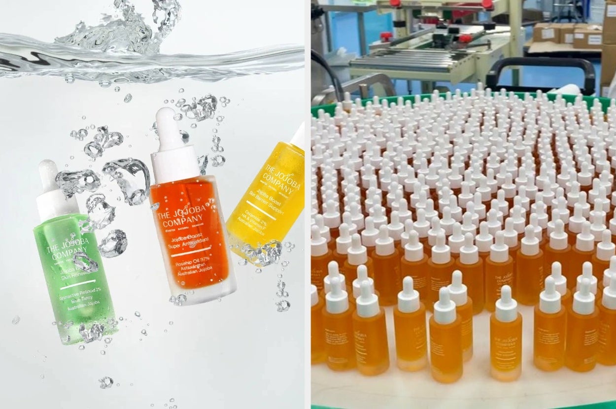 Three skincare serum bottles floating in water; factory scene with numerous similar bottles neatly arranged for packaging