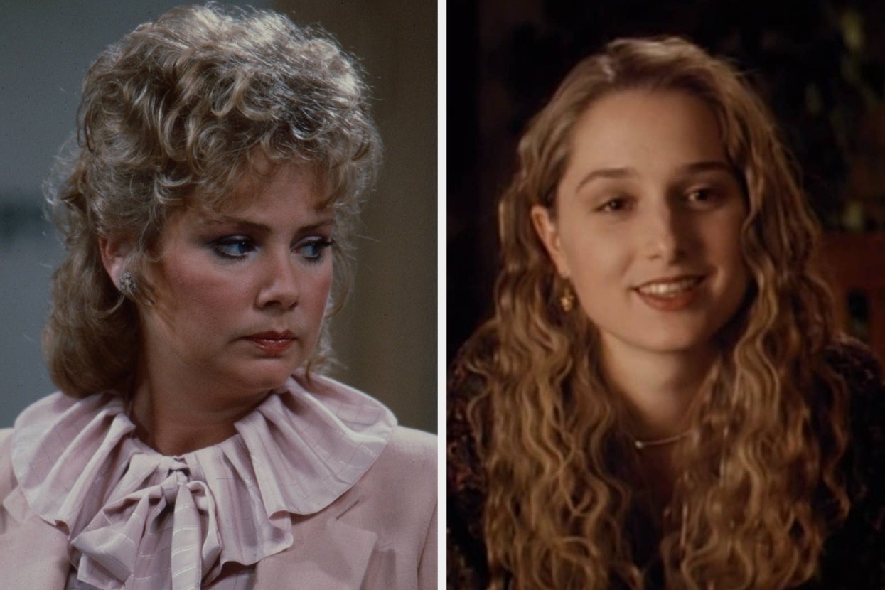 Two women from TV shows: one with styled hair and a blouse with a bow, the other with long curly hair and a necklace