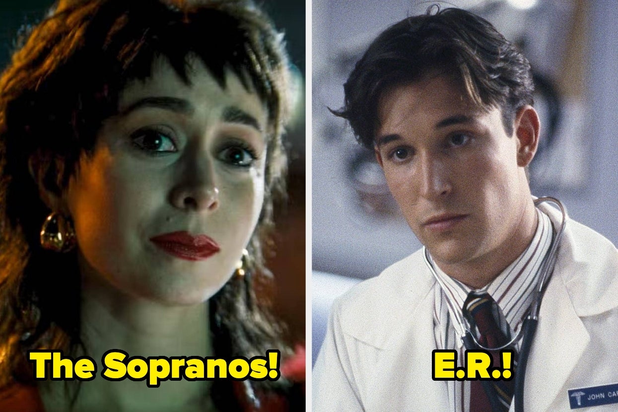 Split image with characters from "The Sopranos" on the left and "E.R." on the right, highlighting iconic TV shows
