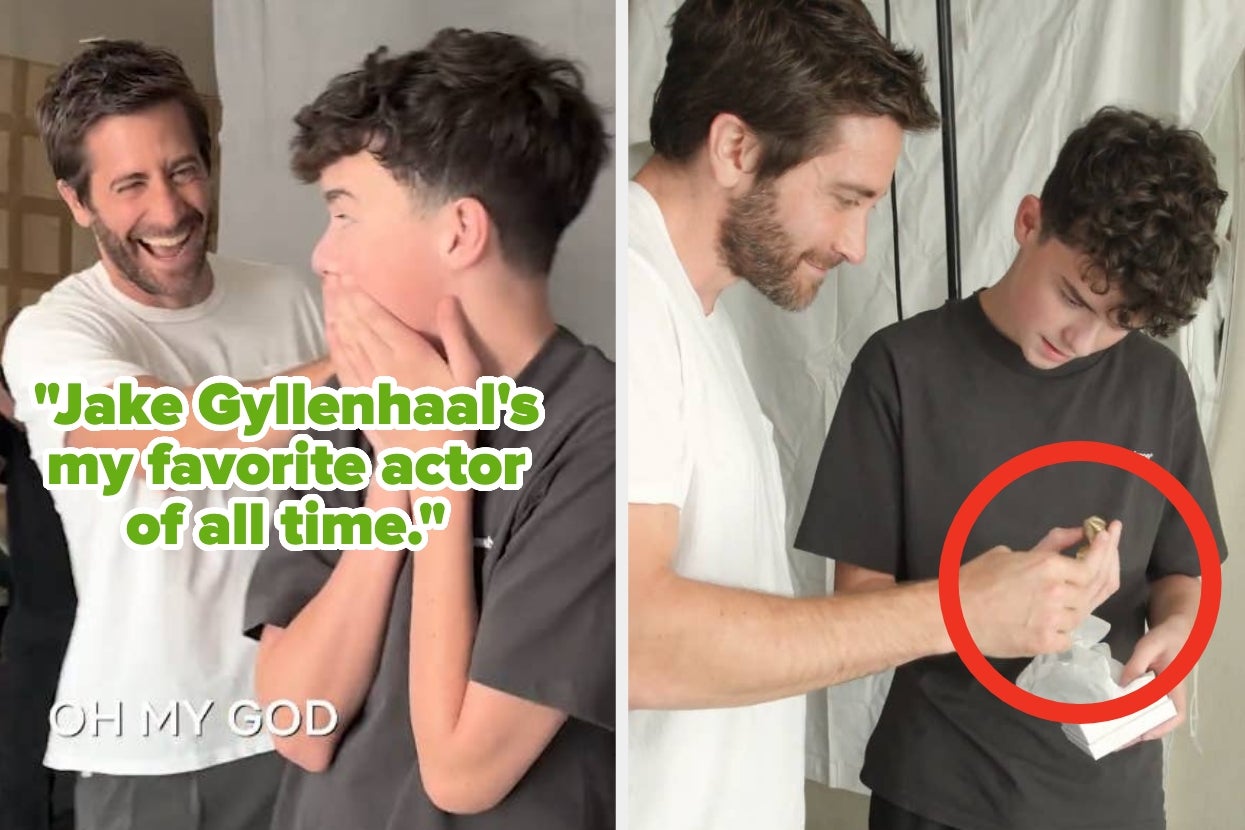 Actor smiling with a fan, who looks surprised. Quote overlay says, "Jake Gyllenhaal's my favorite actor of all time."