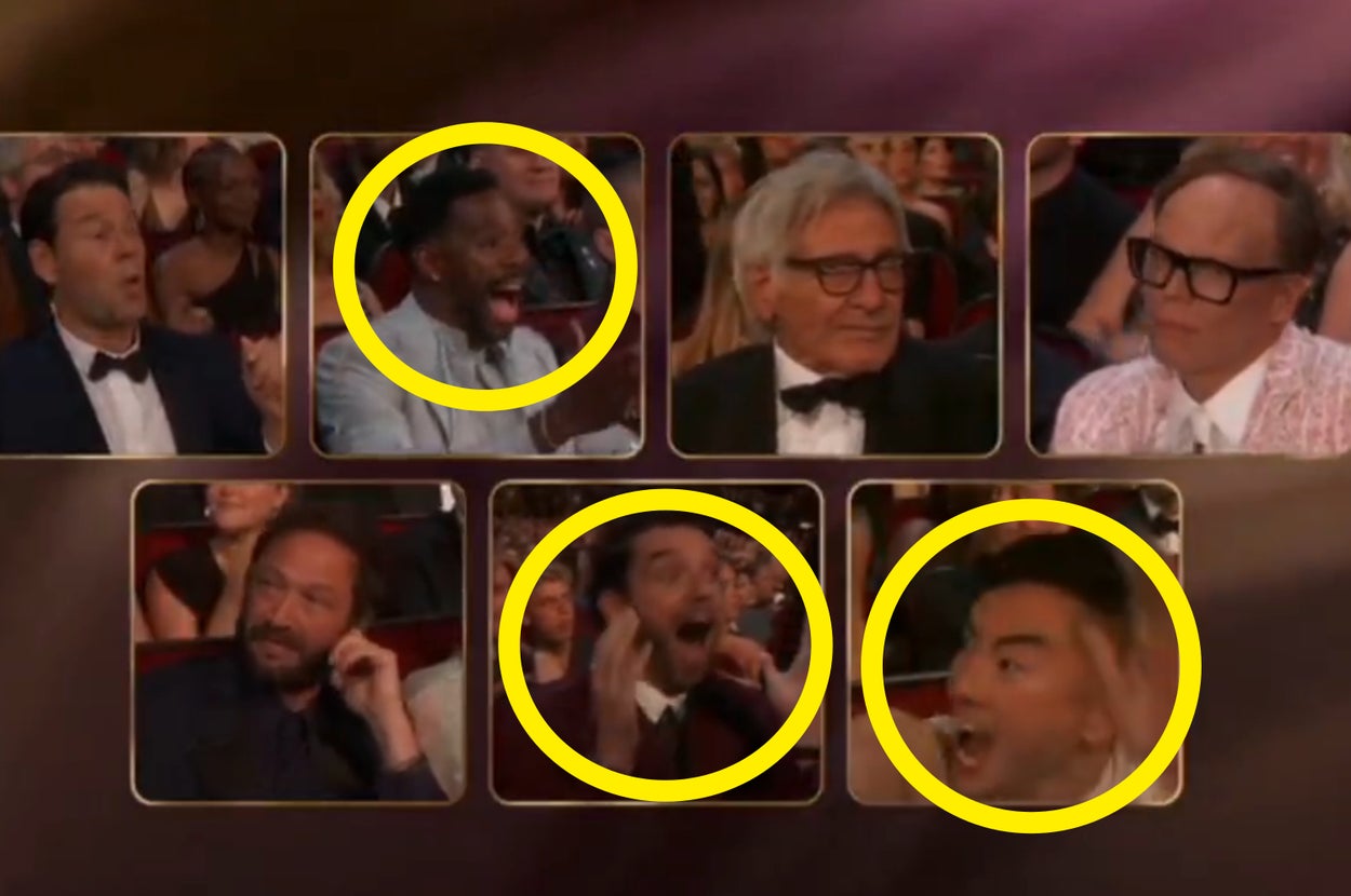 Celebrities react with excitement and surprise while seated in an awards show audience