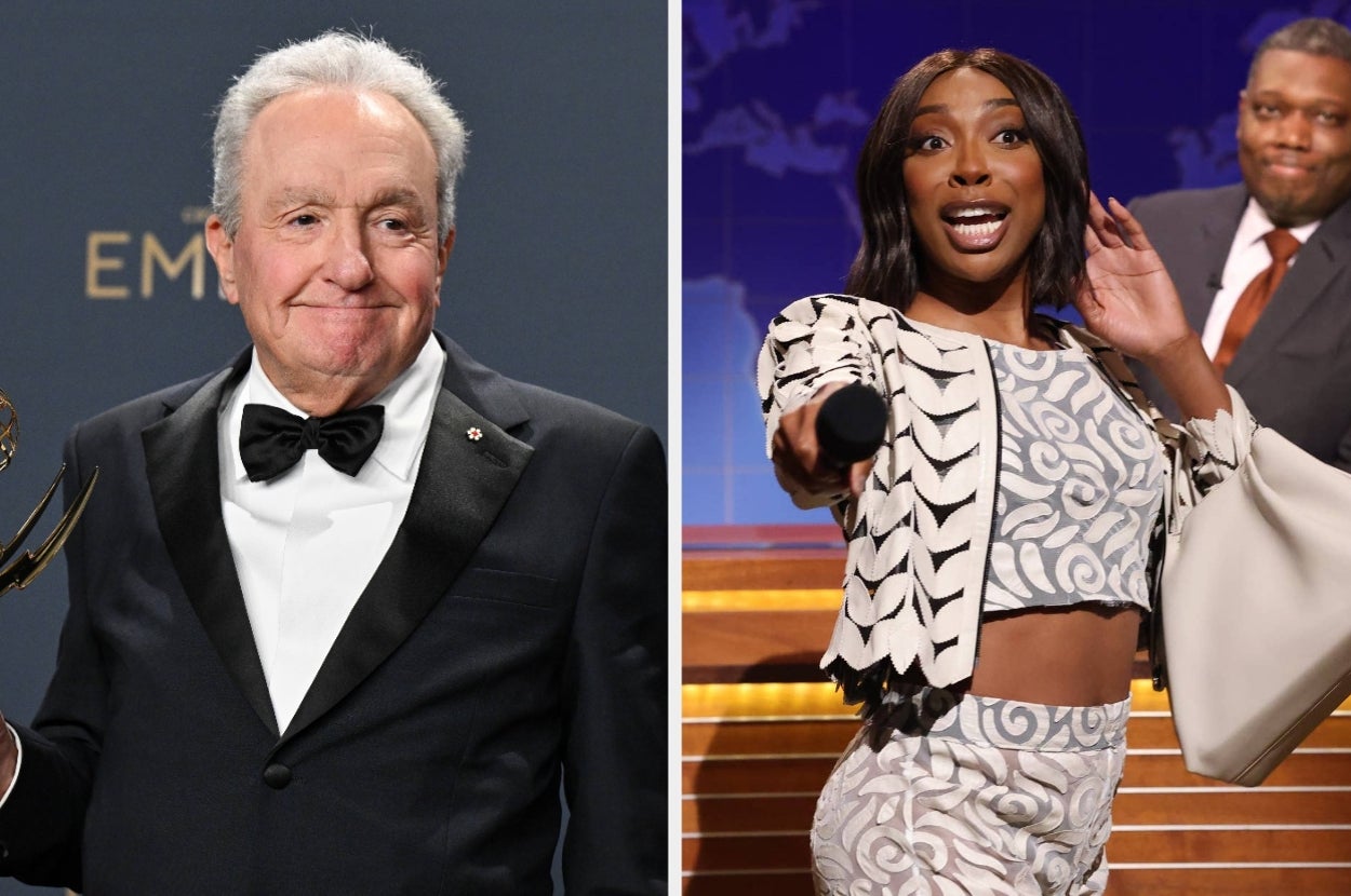 Two images: Left, a man in a tuxedo holding an award. Right, a woman in a patterned outfit energetically holding a microphone on stage