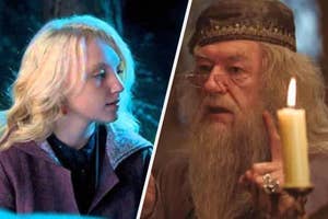 A wizard with a long beard holds a lit candle, and a young woman with long hair looks intently at something off-camera. Both appear thoughtful