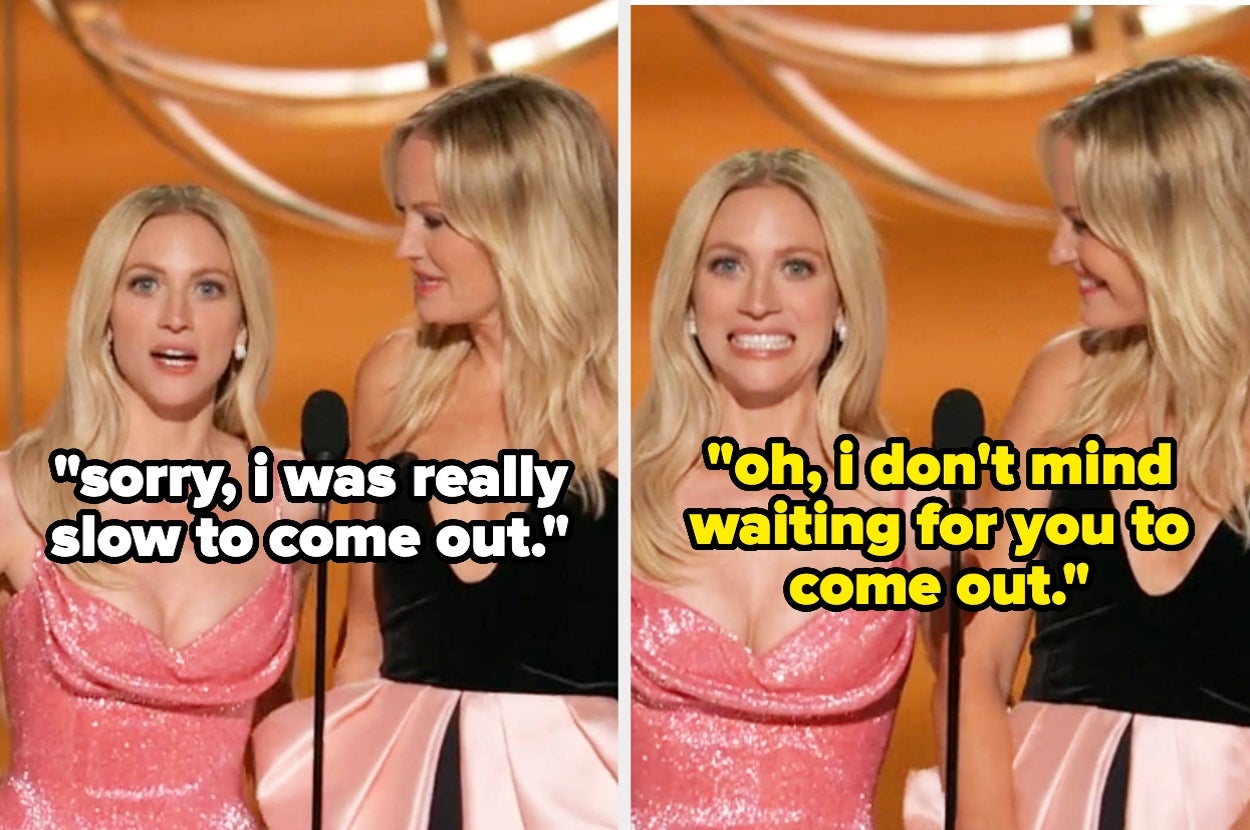Brittany Snow and Malin Akerman on stage. Brittany says, "sorry, I was really slow to come out." Malin replies, "oh, I don't mind waiting for you to come out."