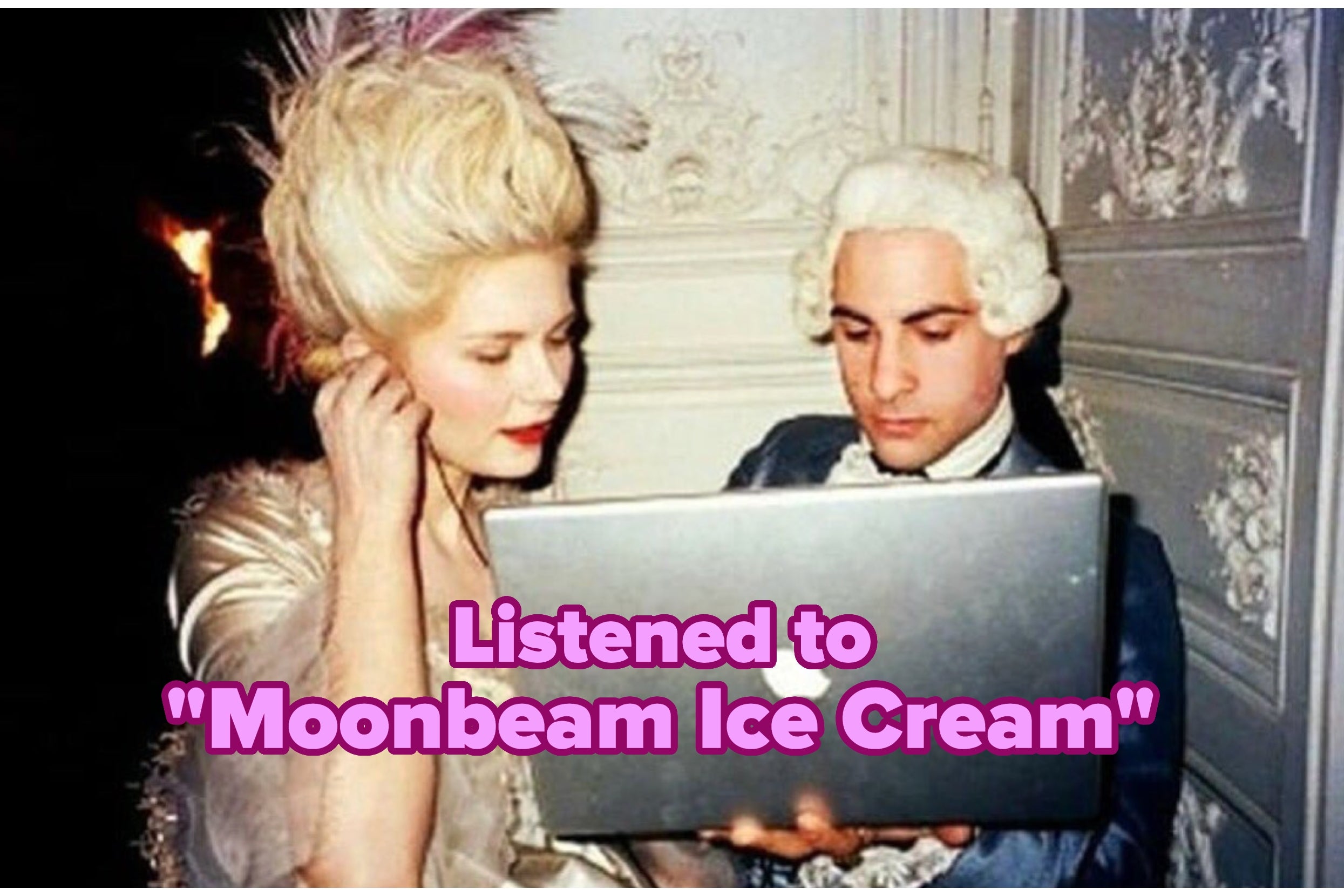 Two people in 18th-century attire gaze at a laptop. Text reads: "Listened to 'Moonbeam Ice Cream'"