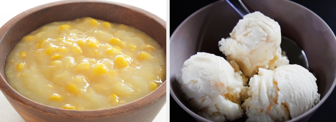 Two side-by-side bowls: one with creamed corn, the other with vanilla ice cream scoops