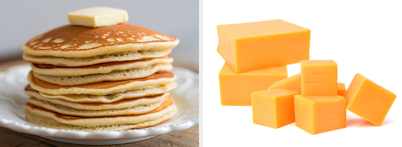 Stack of pancakes with butter on a plate next to cubes and blocks of cheddar cheese